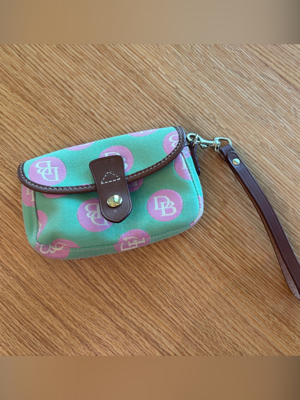 Dooney & Bourke Mint Green and Pink Logo Wristlet with Brown Leather Trim